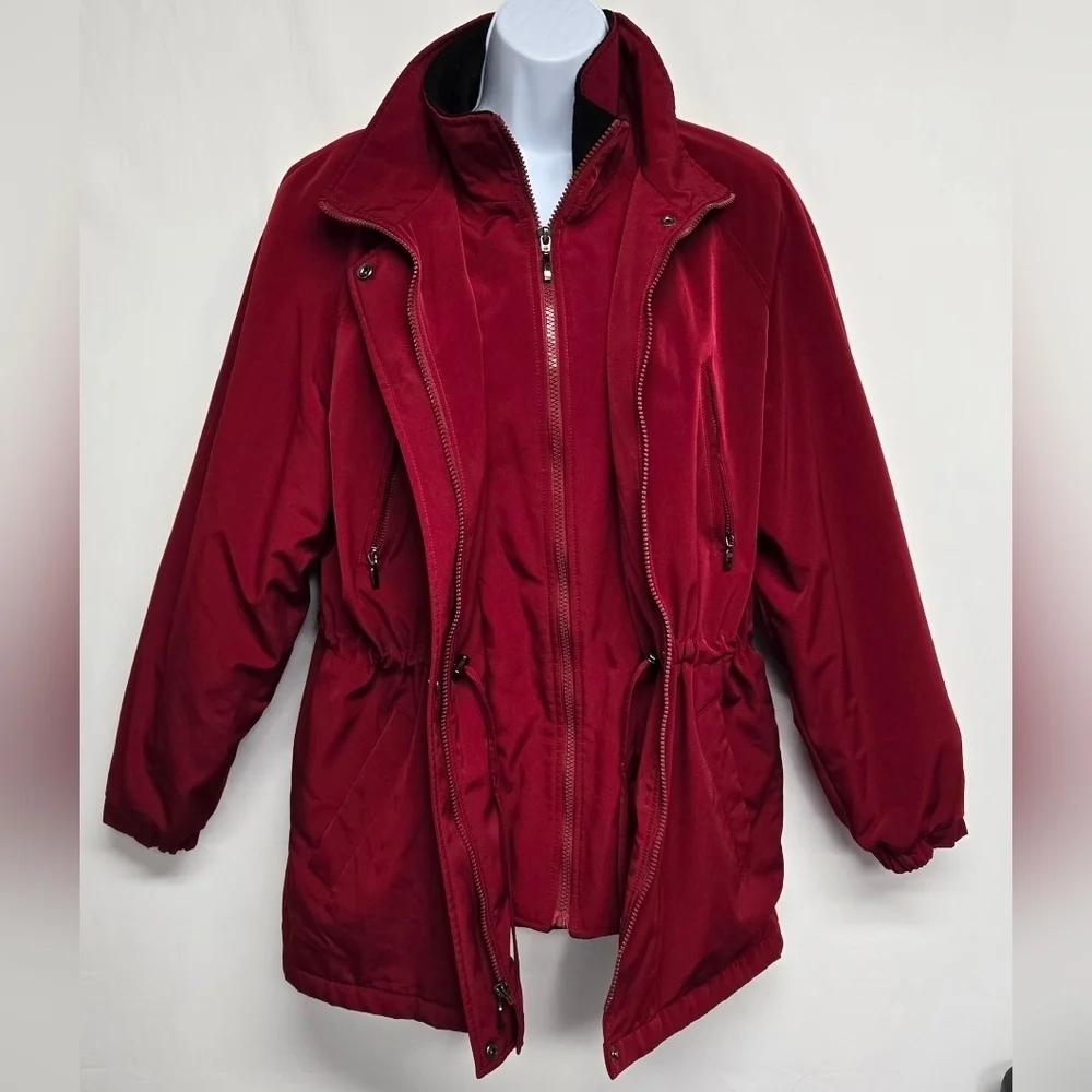 Liz Claiborne S Winter Coat Faux Layered Vest Fleece Drawstring Red Wine